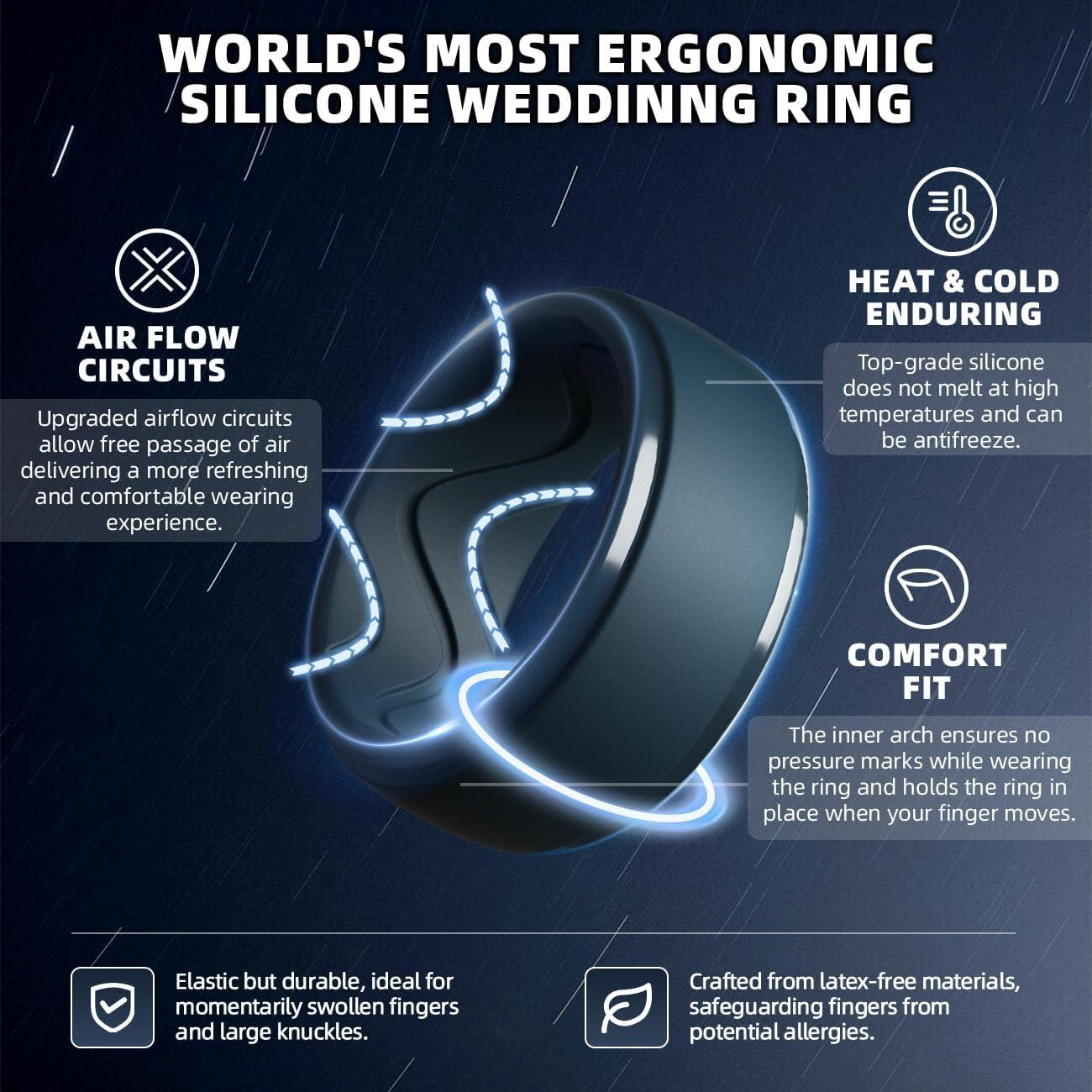 imageEgnaro Mens Silicone Rings 10mm Wide 25mm Thick Rubber Wedding Bands with Inner Arc Ergonomic Breathable Design 1457 Variety MultipackSETNBlack Black Gray Twilight Blue Olive Green