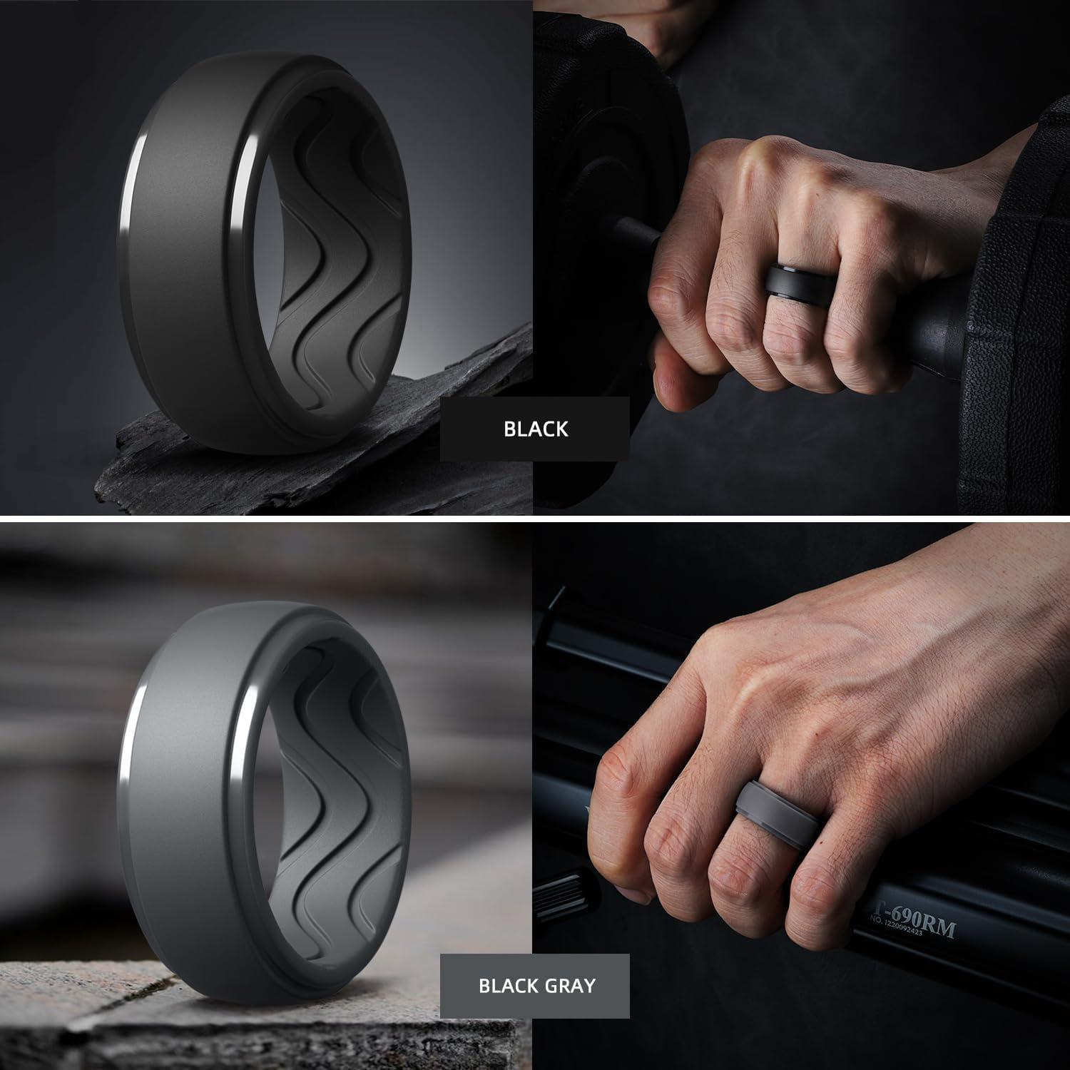 imageEgnaro Mens Silicone Rings 10mm Wide 25mm Thick Rubber Wedding Bands with Inner Arc Ergonomic Breathable Design 1457 Variety MultipackSETNBlack Black Gray Twilight Blue Olive Green