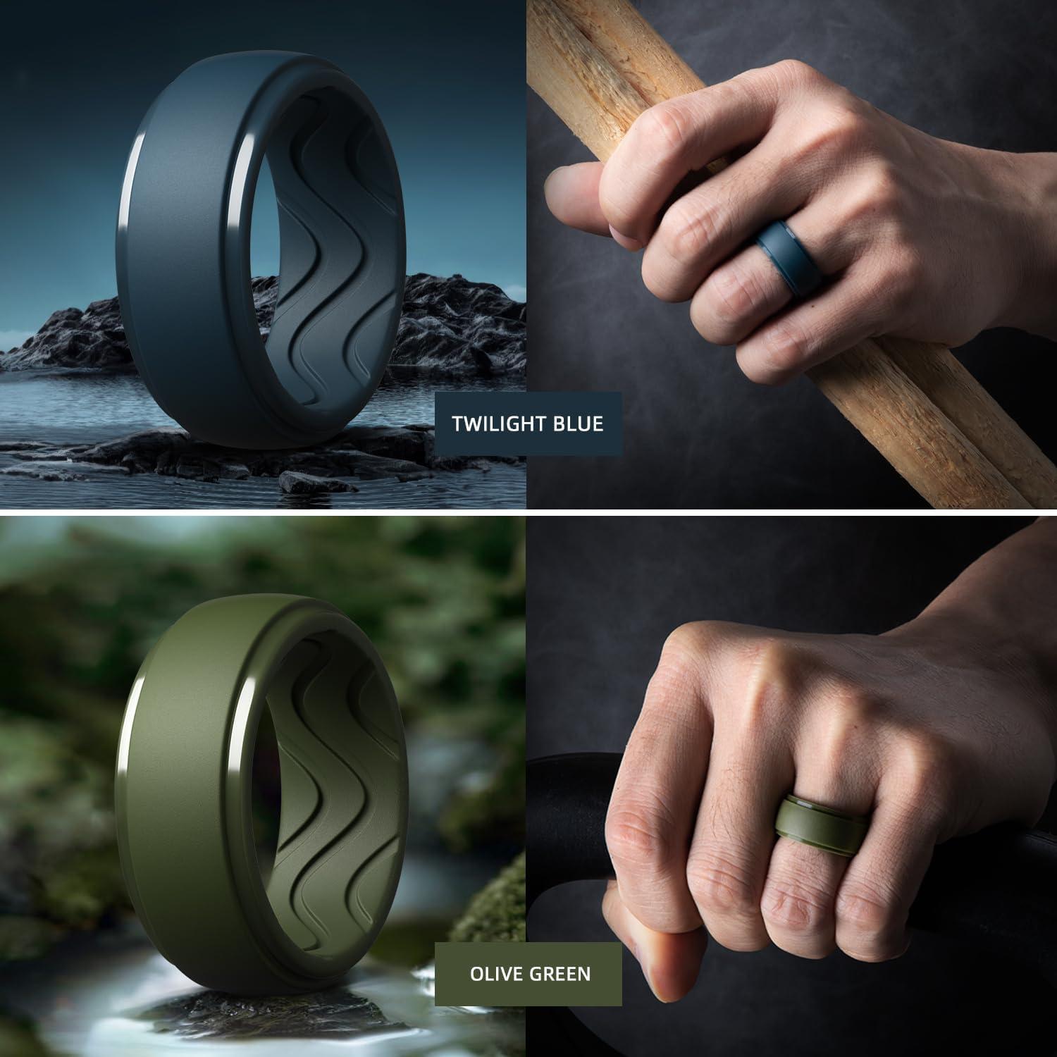 imageEgnaro Mens Silicone Rings 10mm Wide 25mm Thick Rubber Wedding Bands with Inner Arc Ergonomic Breathable Design 1457 Variety MultipackSETNBlack Black Gray Twilight Blue Olive Green