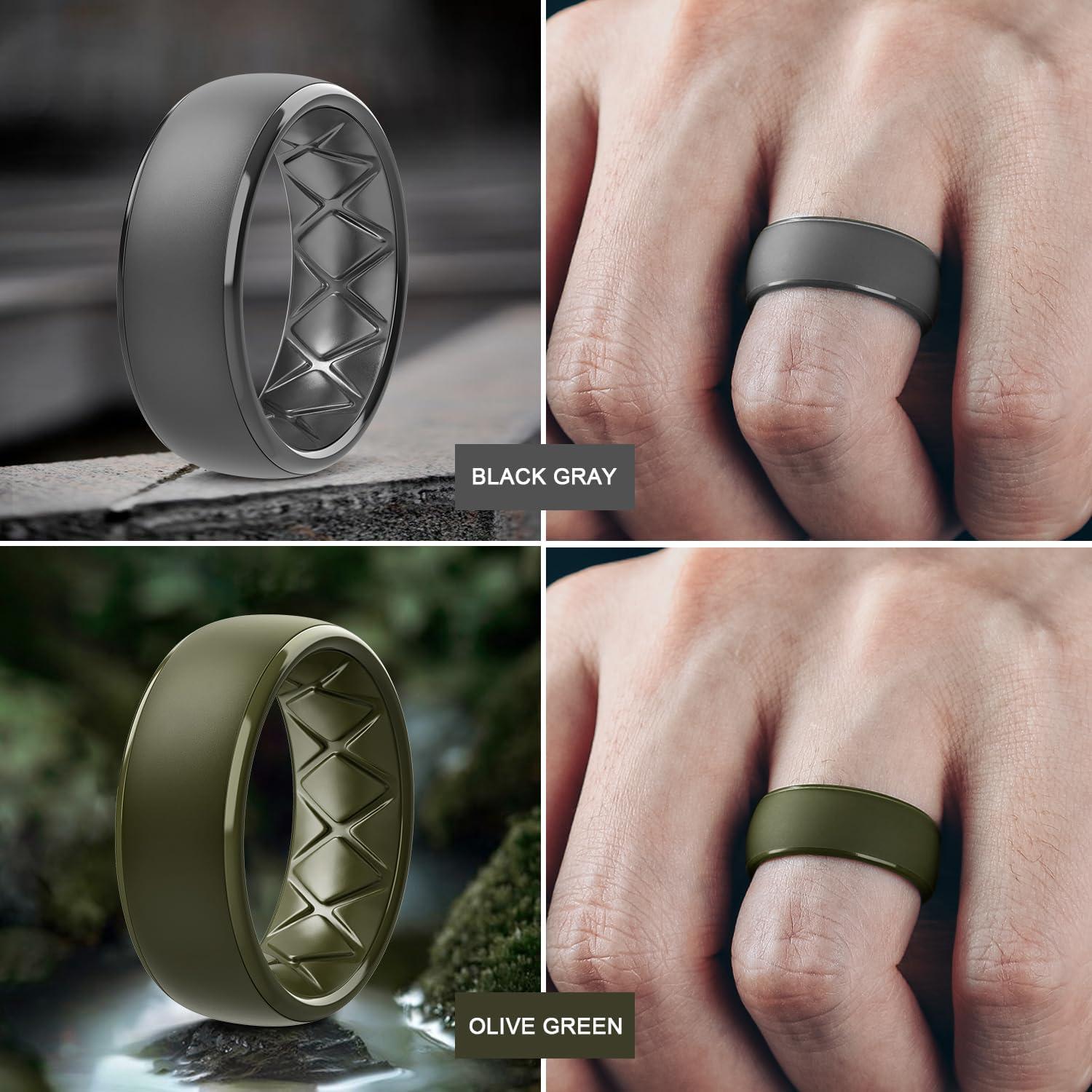 imageEgnaro Mens Silicone Wedding Rings 1467 Multipack Rubber Wedding Bands with Inner Arc Ergonomic Breathable Design for GymOutdoorGiftSETA1Black Black Gray Light Gray Olive Green