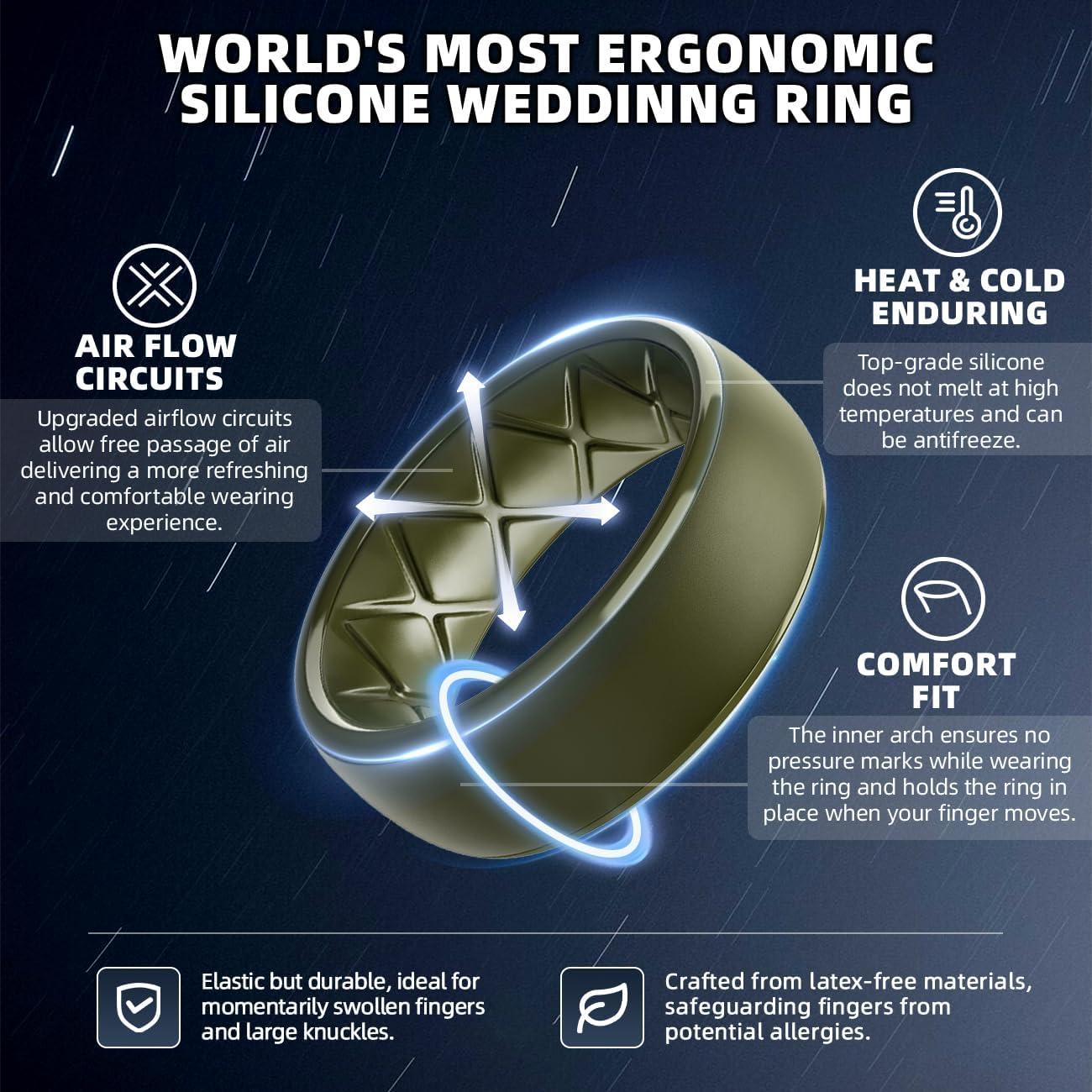 imageEgnaro Mens Silicone Wedding Rings 1467 Multipack Rubber Wedding Bands with Inner Arc Ergonomic Breathable Design for GymOutdoorGiftSETA1Black Black Gray Light Gray Olive Green