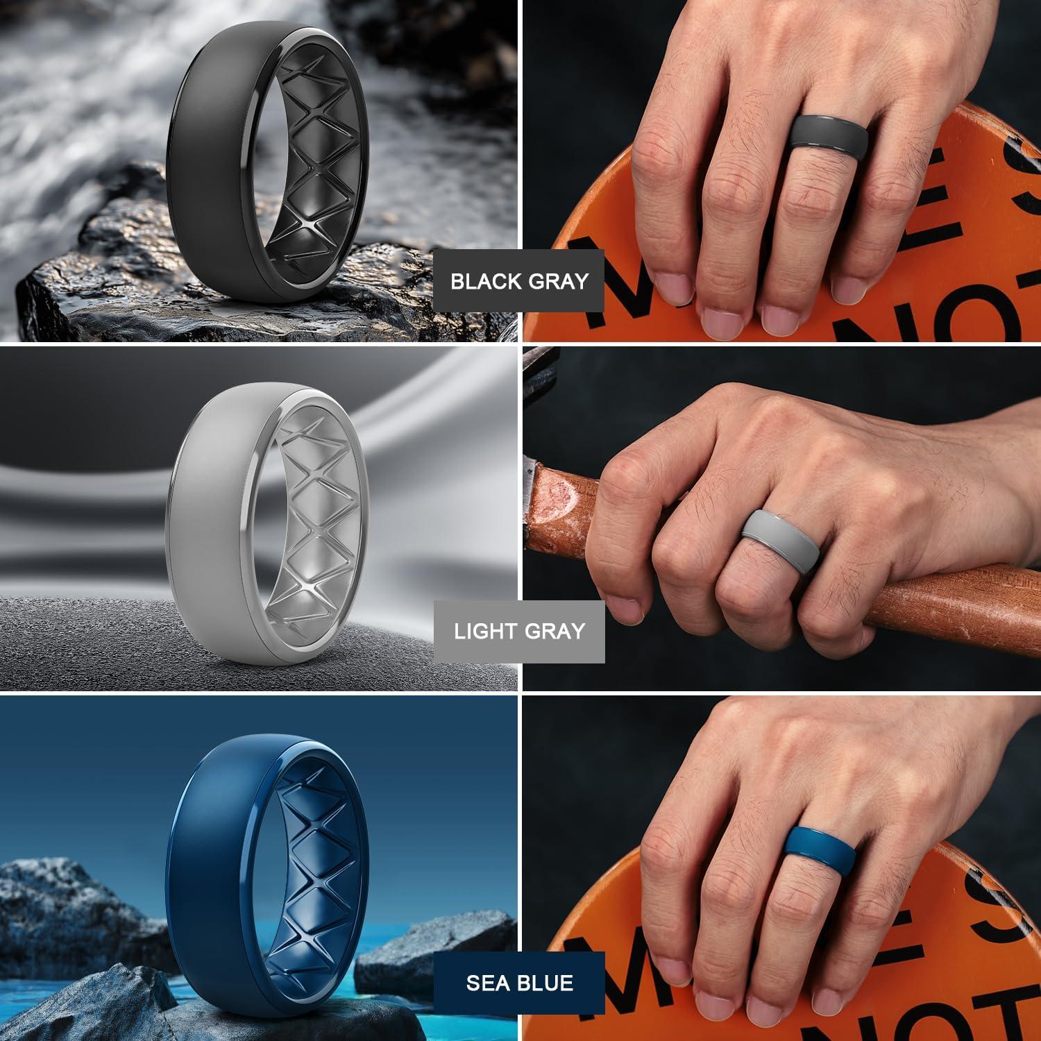 imageEgnaro Mens Silicone Wedding Rings 1467 Multipack Rubber Wedding Bands with Inner Arc Ergonomic Breathable Design for GymOutdoorGiftSETB1Black Light Gray Sea Blue Crimson Blue Gray Emerald Green Black Gray