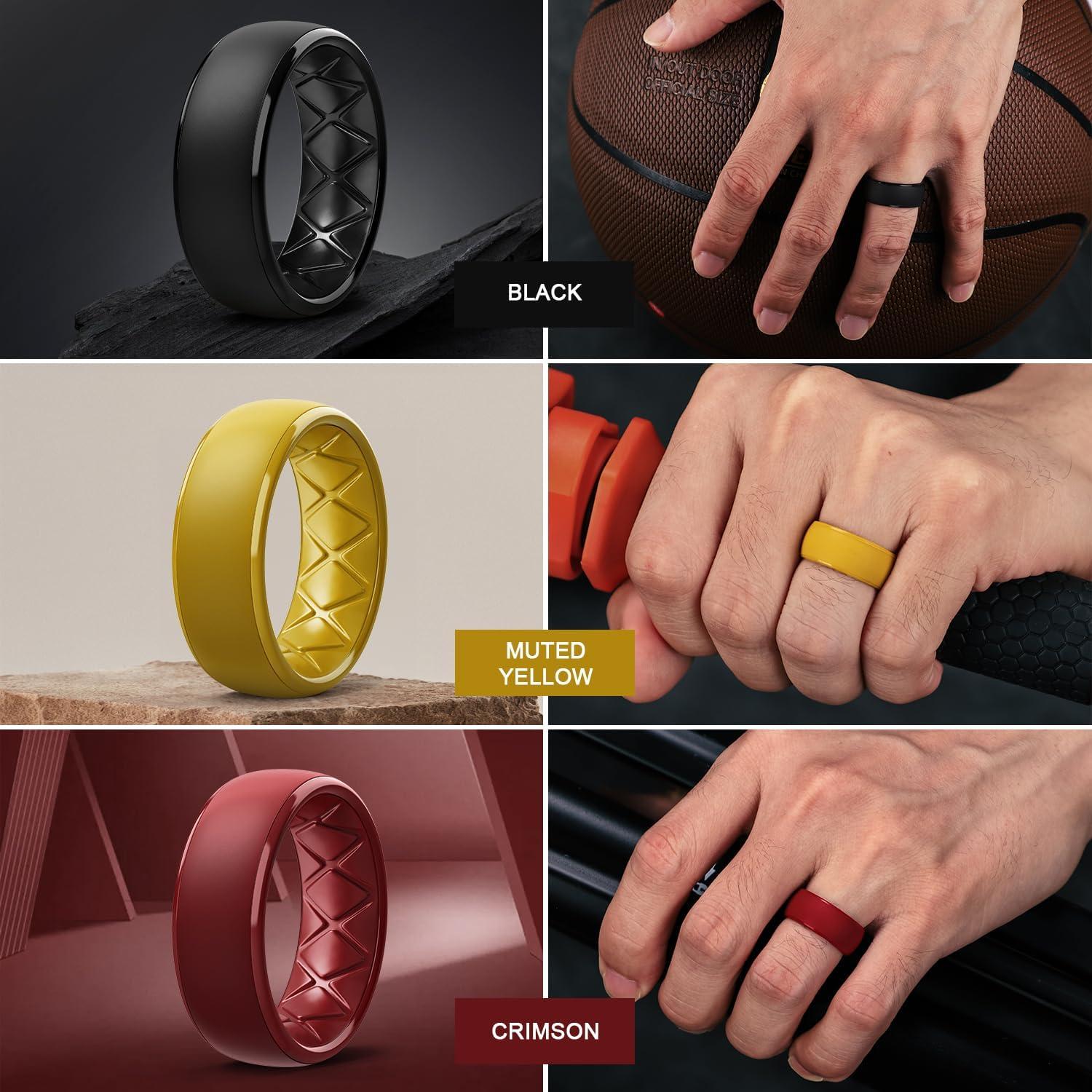 imageEgnaro Mens Silicone Wedding Rings 1467 Multipack Rubber Wedding Bands with Inner Arc Ergonomic Breathable Design for GymOutdoorGiftSETB3Black Muted Yellow Crimson Deep Blue Black Gray Pine Green Black