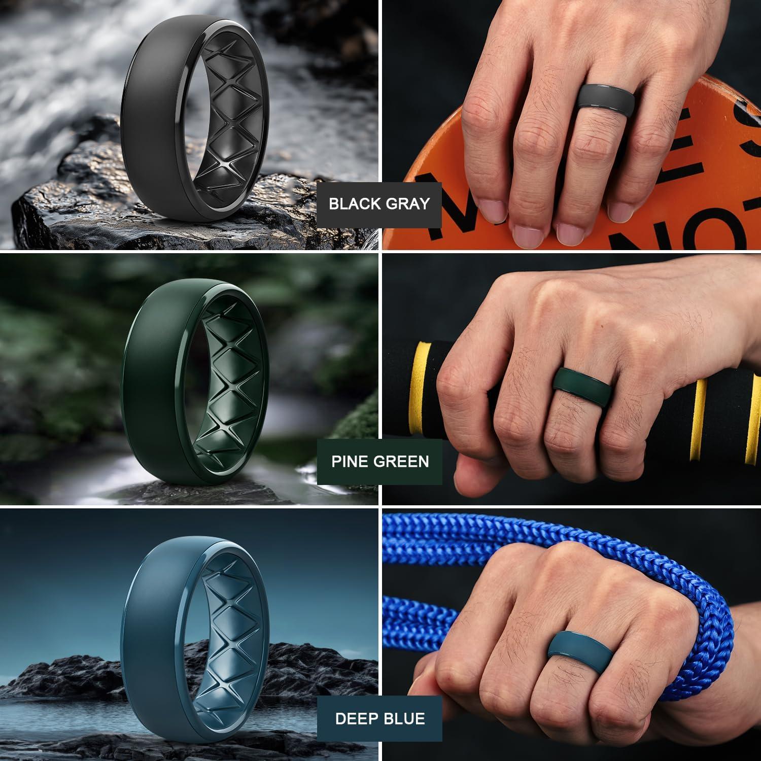 imageEgnaro Mens Silicone Wedding Rings 1467 Multipack Rubber Wedding Bands with Inner Arc Ergonomic Breathable Design for GymOutdoorGiftSETB3Black Muted Yellow Crimson Deep Blue Black Gray Pine Green Black