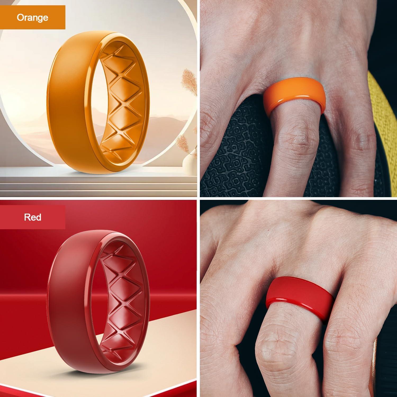 imageEgnaro Mens Silicone Wedding Rings 1467 Multipack Rubber Wedding Bands with Inner Arc Ergonomic Breathable Design for GymOutdoorGiftSETB5Black Red Orange Light Blue