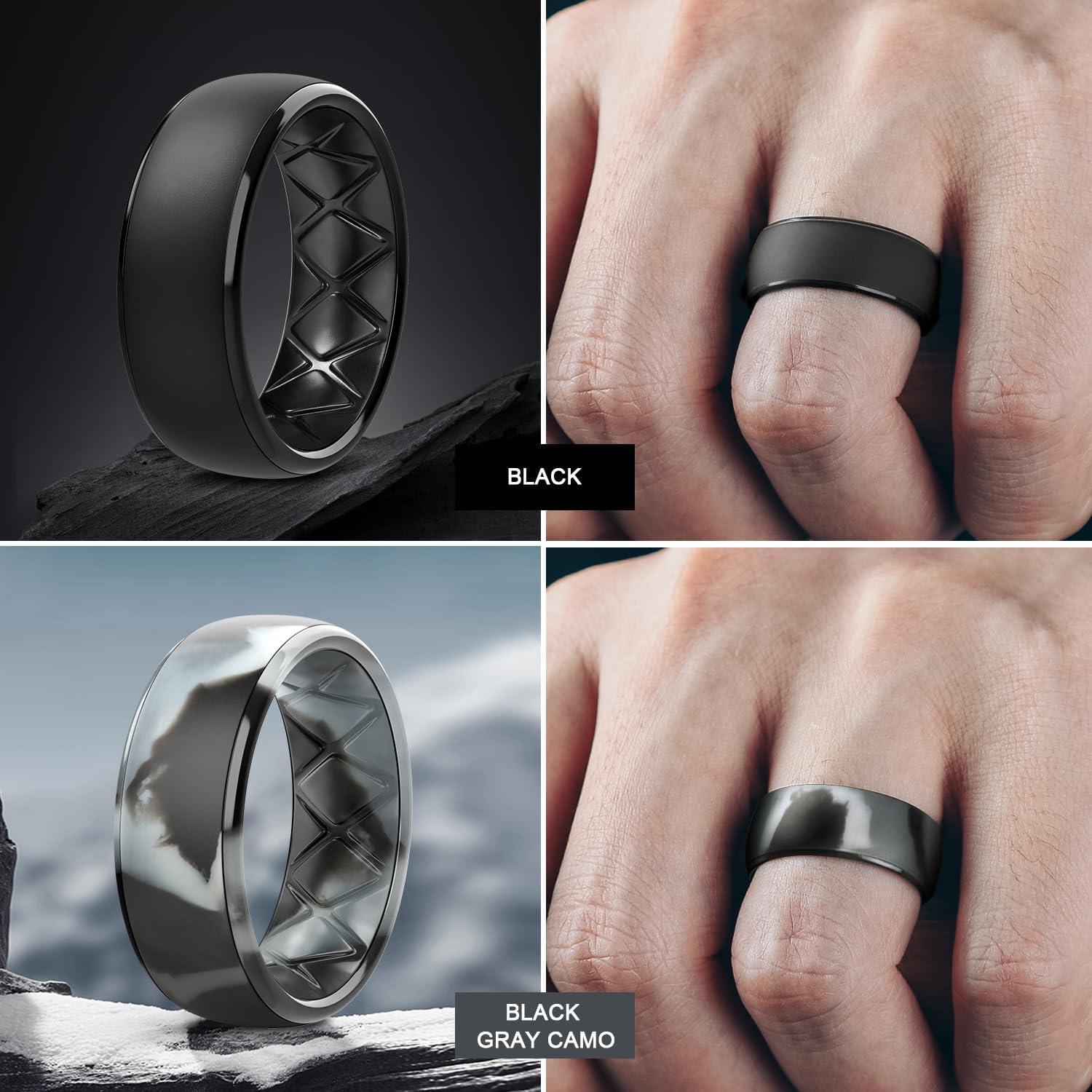 imageEgnaro Mens Silicone Wedding Rings 1467 Multipack Rubber Wedding Bands with Inner Arc Ergonomic Breathable Design for GymOutdoorGiftSETC5Black Light Gray Twilight Blue Black GrayBlack Camo