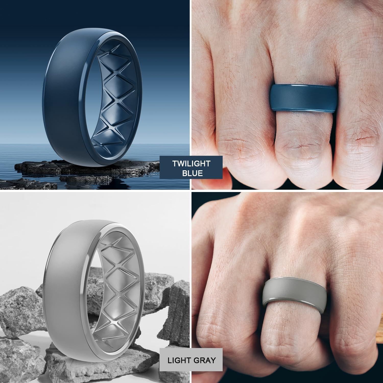 imageEgnaro Mens Silicone Wedding Rings 1467 Multipack Rubber Wedding Bands with Inner Arc Ergonomic Breathable Design for GymOutdoorGiftSETC5Black Light Gray Twilight Blue Black GrayBlack Camo