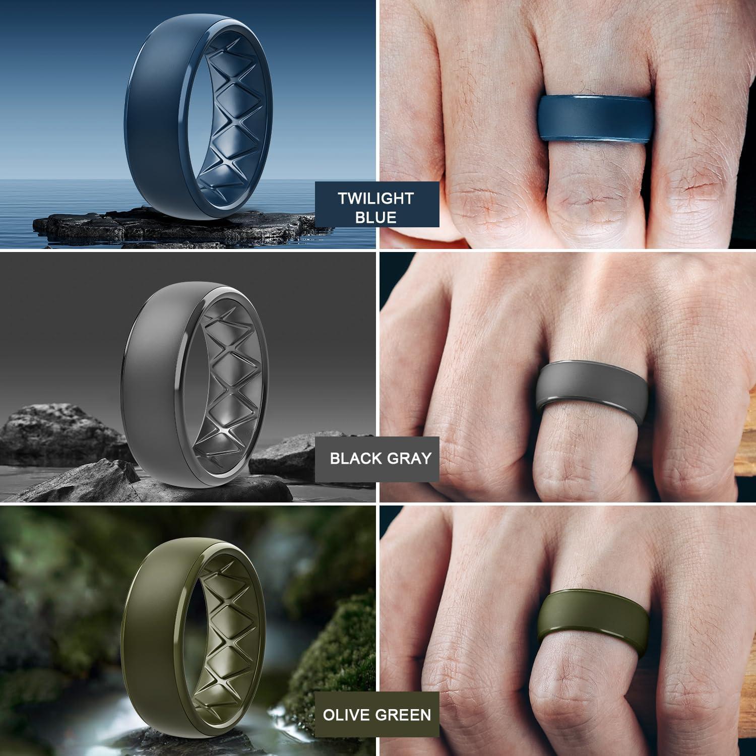 imageEgnaro Mens Silicone Wedding Rings 1467 Multipack Rubber Wedding Bands with Inner Arc Ergonomic Breathable Design for GymOutdoorGiftSETC8Black Black Gray Light Gray Olive Green Twilight Blue Black GrayBlack Camo