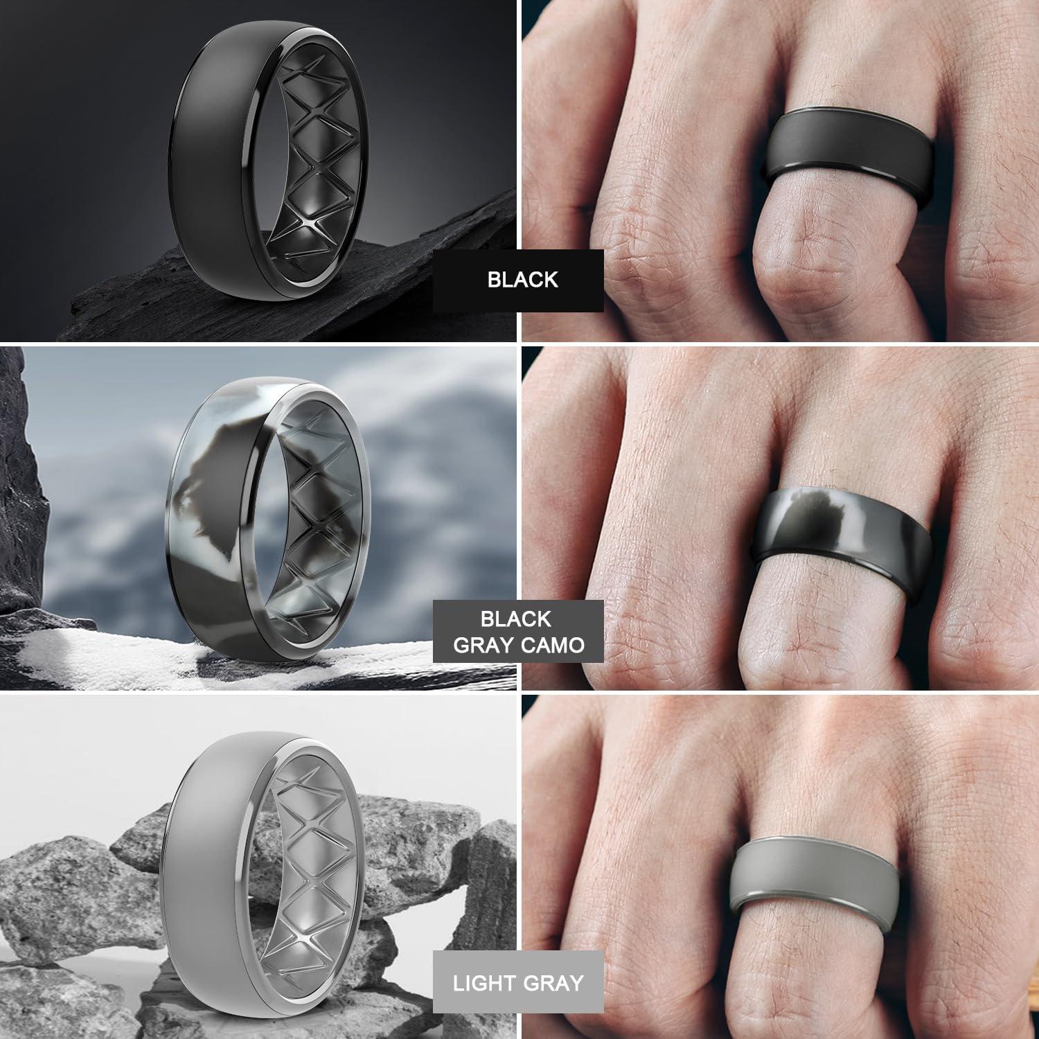imageEgnaro Mens Silicone Wedding Rings 1467 Multipack Rubber Wedding Bands with Inner Arc Ergonomic Breathable Design for GymOutdoorGiftSETC8Black Black Gray Light Gray Olive Green Twilight Blue Black GrayBlack Camo