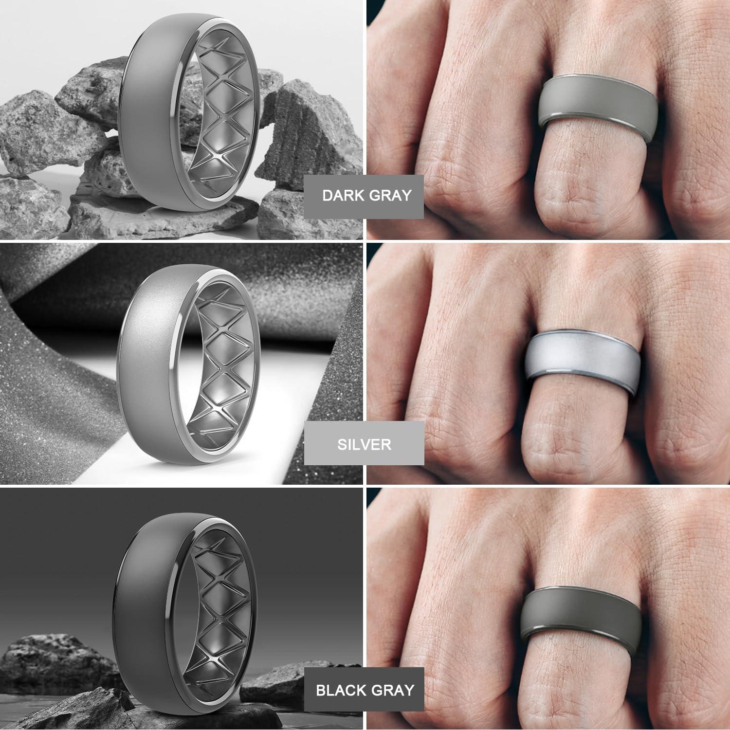 imageEgnaro Mens Silicone Wedding Rings 1467 Multipack Rubber Wedding Bands with Inner Arc Ergonomic Breathable Design for GymOutdoorGiftSETD2Silver Dark Gray Twilight Blue Black Purple Coffee Brown Black Gray Black