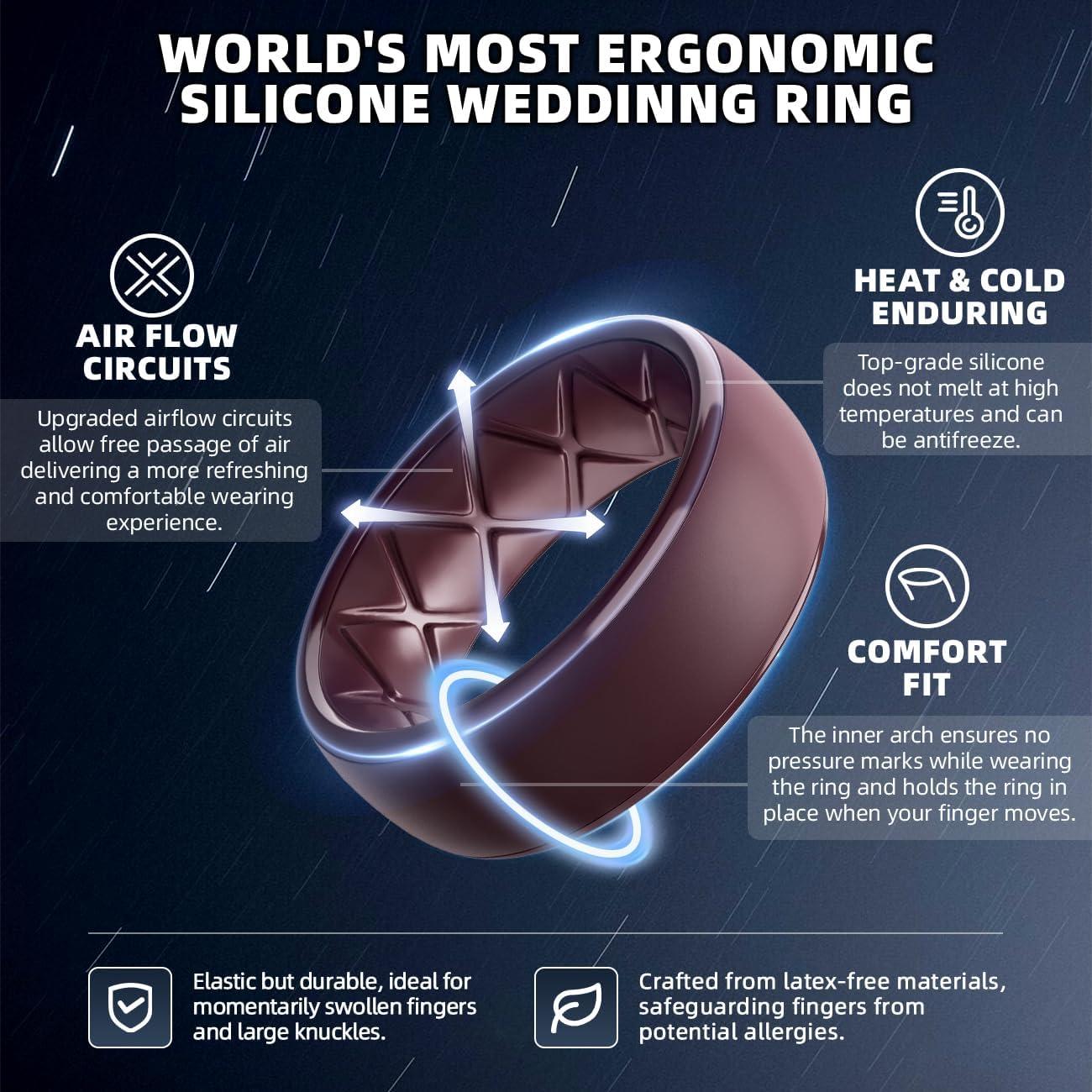 imageEgnaro Mens Silicone Wedding Rings 1467 Multipack Rubber Wedding Bands with Inner Arc Ergonomic Breathable Design for GymOutdoorGiftSETD3Caramel Warm Brown Dark Blue Black Gray