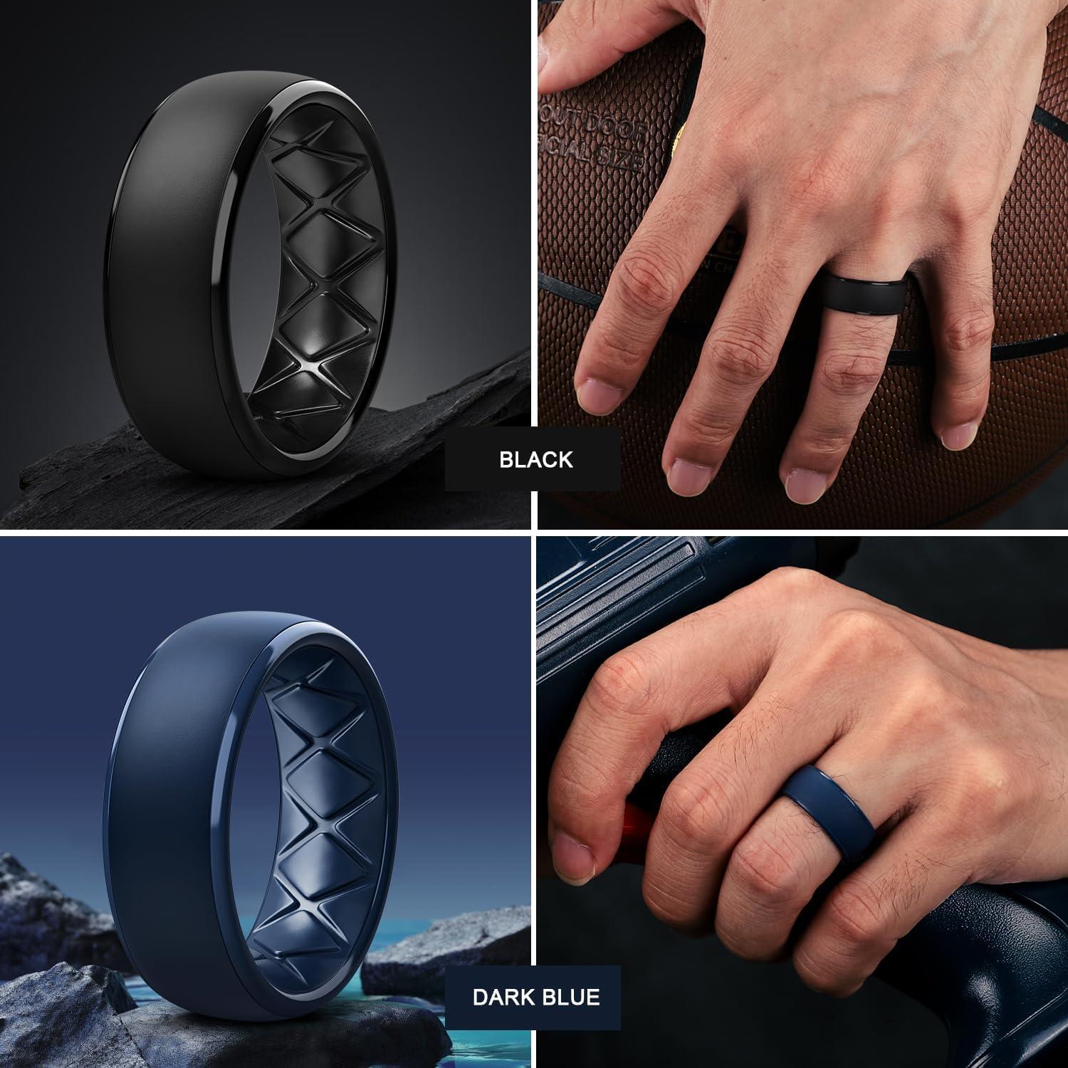 imageEgnaro Mens Silicone Wedding Rings 1467 Multipack Rubber Wedding Bands with Inner Arc Ergonomic Breathable Design for GymOutdoorGiftSETD3Caramel Warm Brown Dark Blue Black Gray