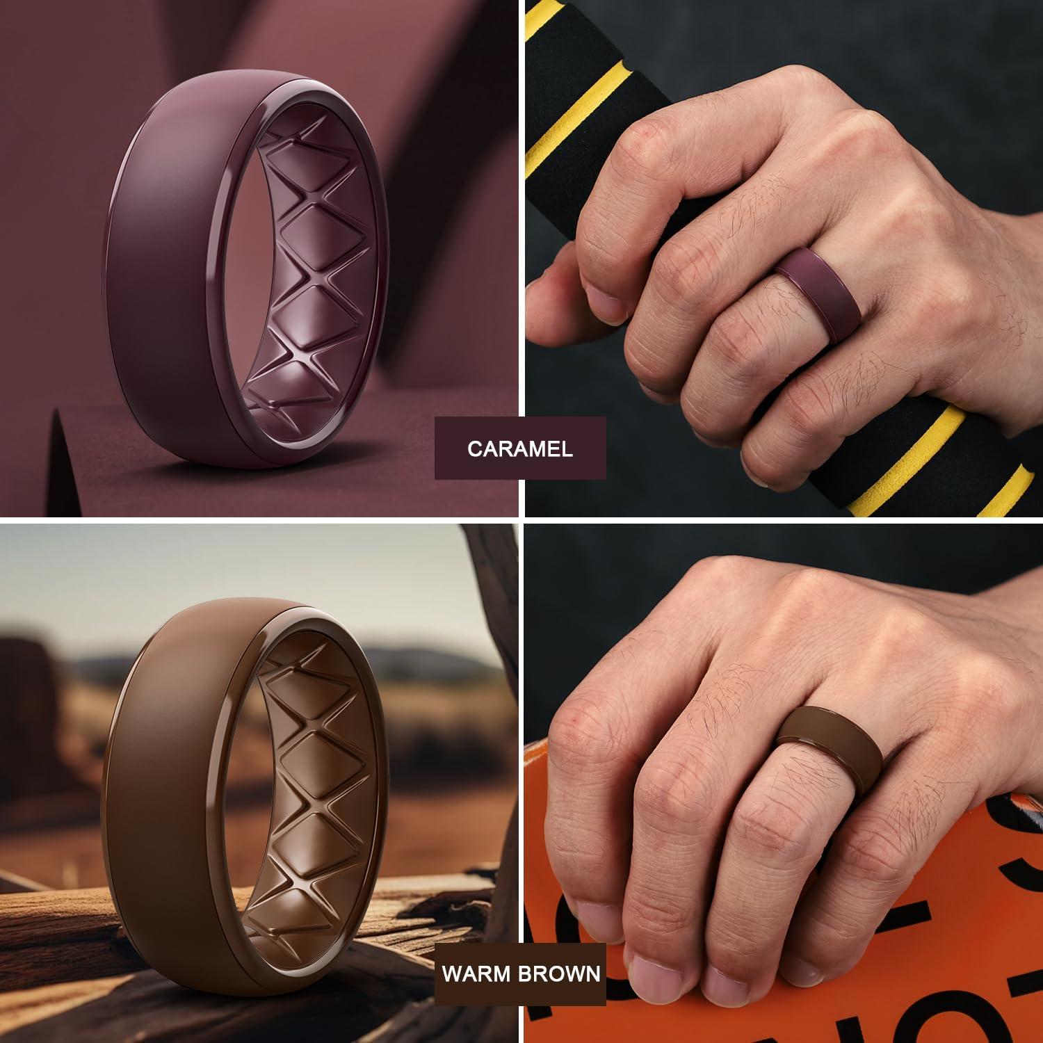 imageEgnaro Mens Silicone Wedding Rings 1467 Multipack Rubber Wedding Bands with Inner Arc Ergonomic Breathable Design for GymOutdoorGiftSETD3Caramel Warm Brown Dark Blue Black Gray