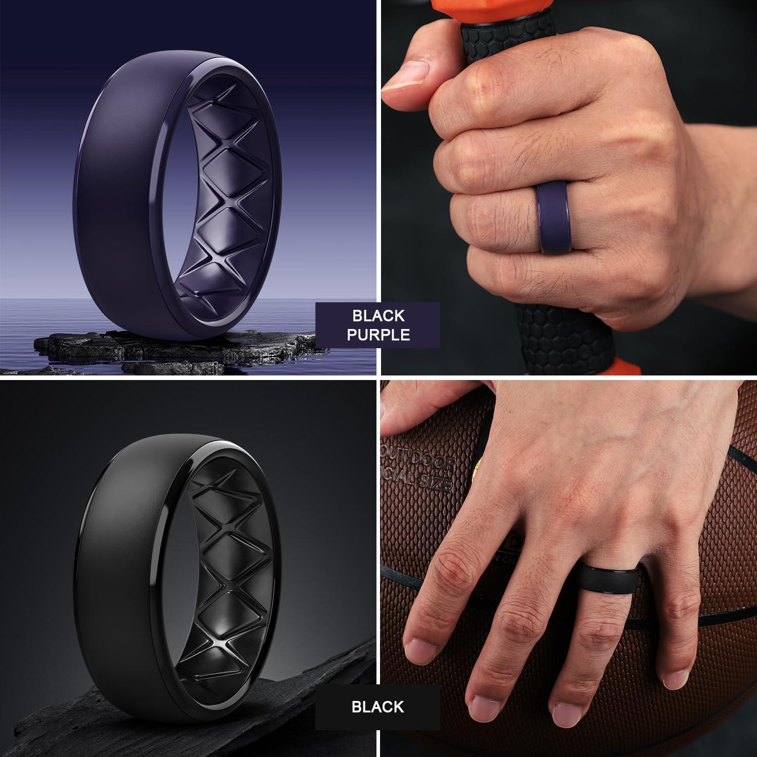 imageEgnaro Mens Silicone Wedding Rings 1467 Multipack Rubber Wedding Bands with Inner Arc Ergonomic Breathable Design for GymOutdoorGiftSETD4Dark Gray Twilight Blue Black Purple Black