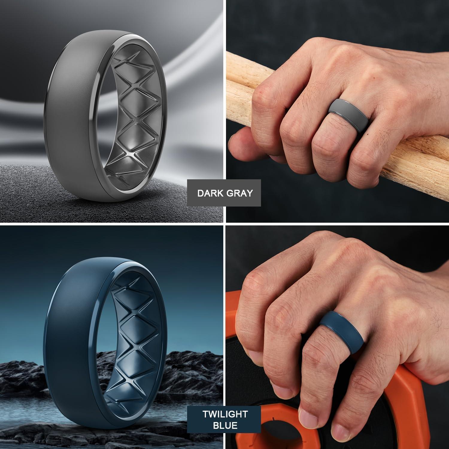 imageEgnaro Mens Silicone Wedding Rings 1467 Multipack Rubber Wedding Bands with Inner Arc Ergonomic Breathable Design for GymOutdoorGiftSETD4Dark Gray Twilight Blue Black Purple Black