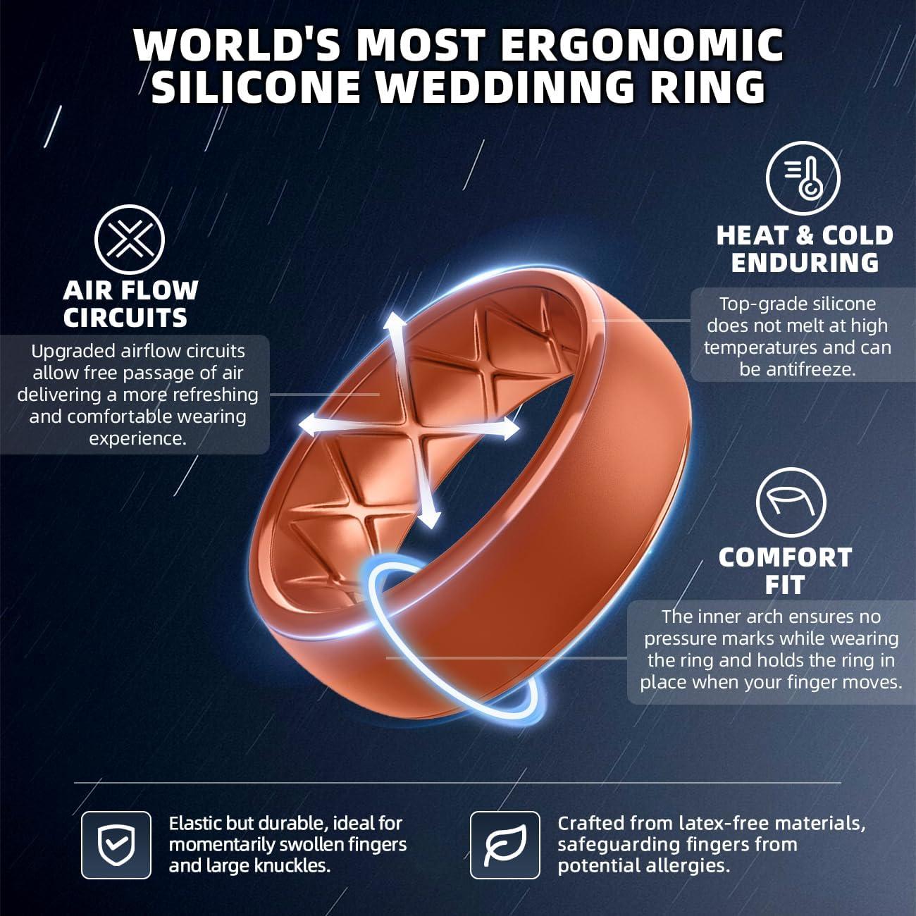 imageEgnaro Mens Silicone Wedding Rings 1467 Multipack Rubber Wedding Bands with Inner Arc Ergonomic Breathable Design for GymOutdoorGiftSETD5Black Black Gray Light Gray Dark Pumpkin