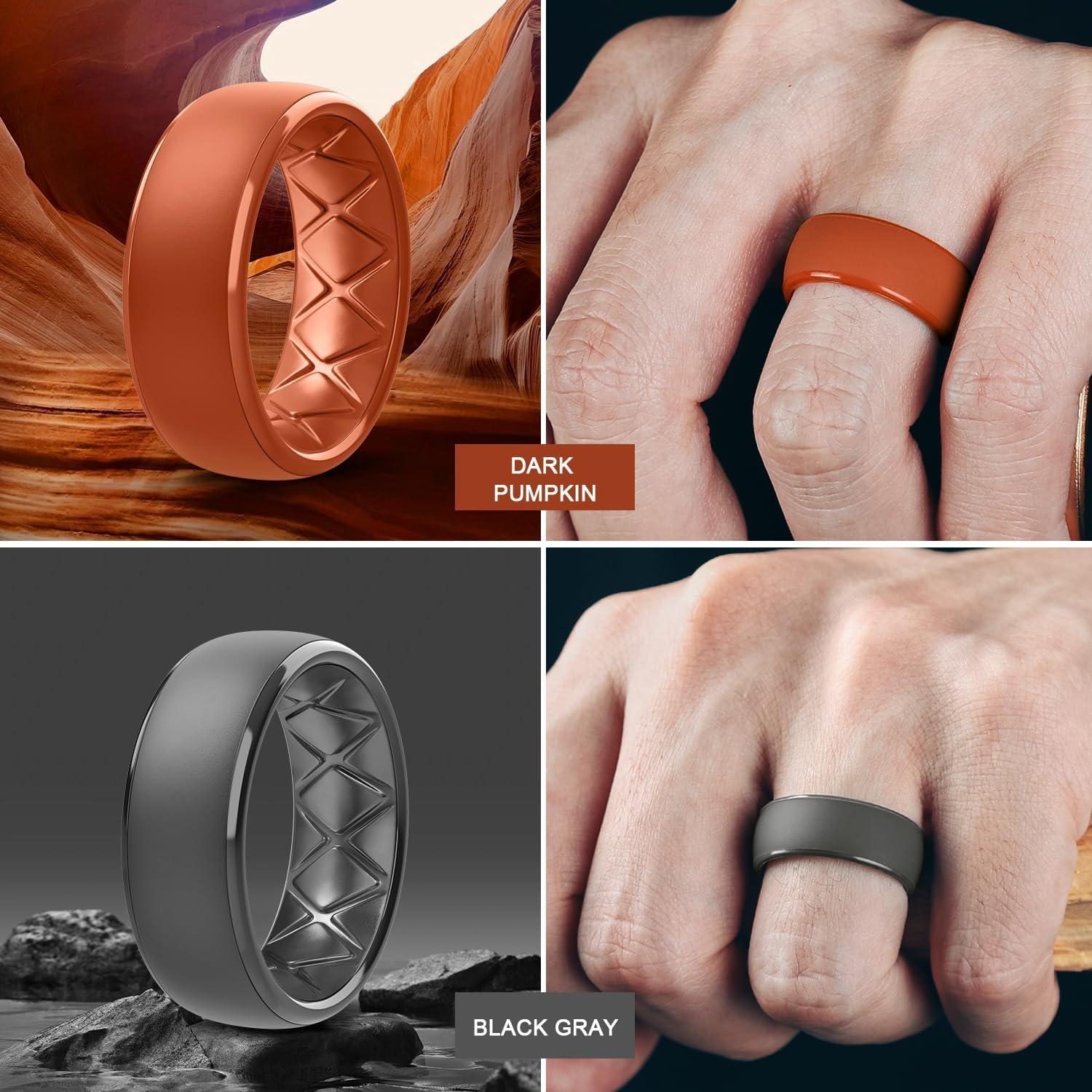 imageEgnaro Mens Silicone Wedding Rings 1467 Multipack Rubber Wedding Bands with Inner Arc Ergonomic Breathable Design for GymOutdoorGiftSETD5Black Black Gray Light Gray Dark Pumpkin