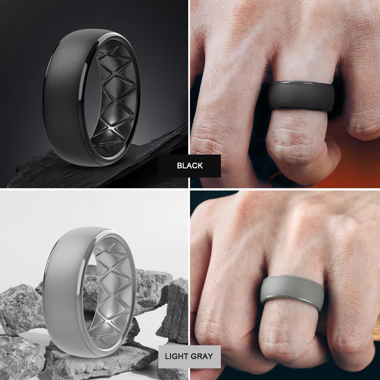 imageEgnaro Mens Silicone Wedding Rings 1467 Multipack Rubber Wedding Bands with Inner Arc Ergonomic Breathable Design for GymOutdoorGiftSETD5Black Black Gray Light Gray Dark Pumpkin