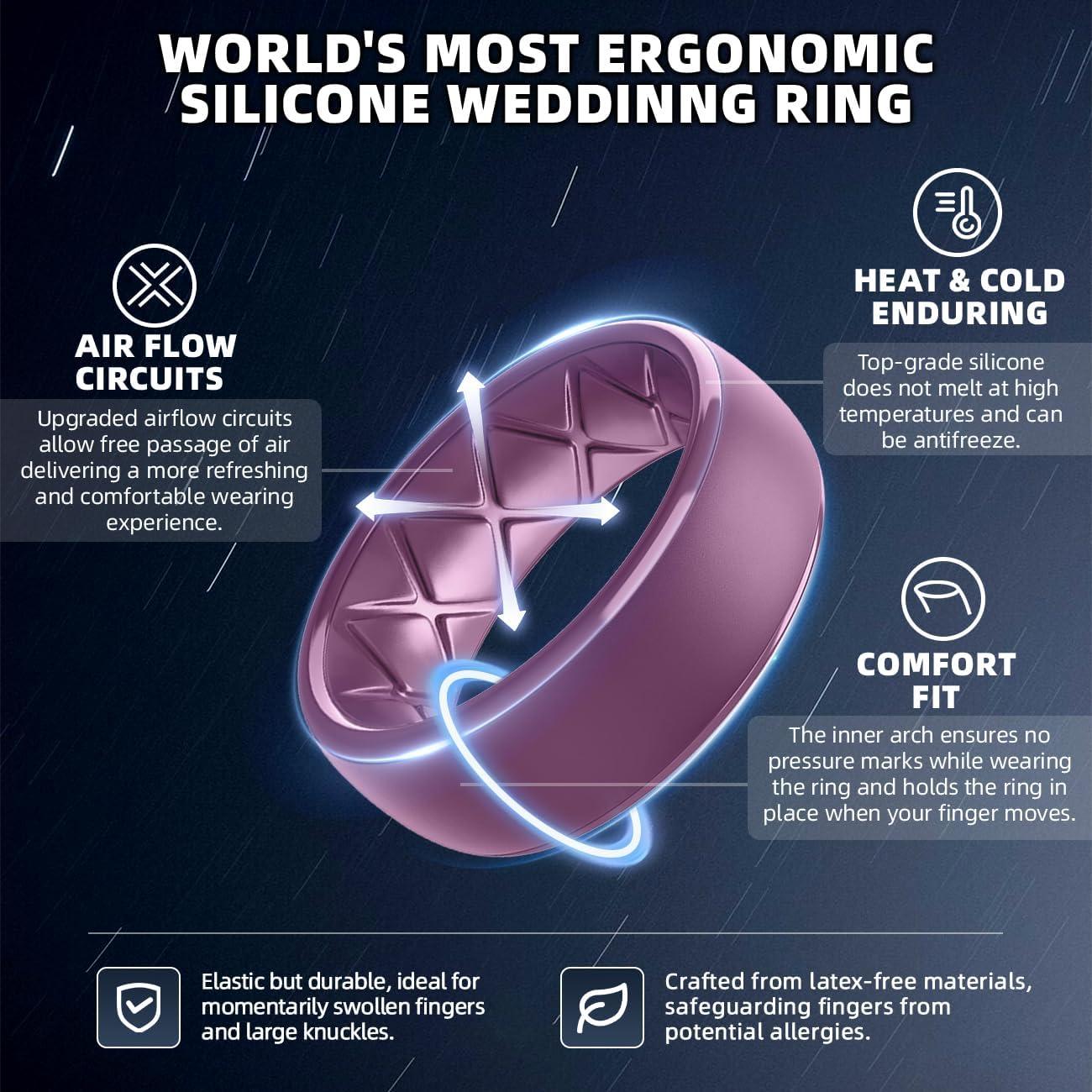 imageEgnaro Mens Silicone Wedding Rings 1467 Multipack Rubber Wedding Bands with Inner Arc Ergonomic Breathable Design for GymOutdoorGiftSETD6Black Black Gray Light Gray Orchid Haze