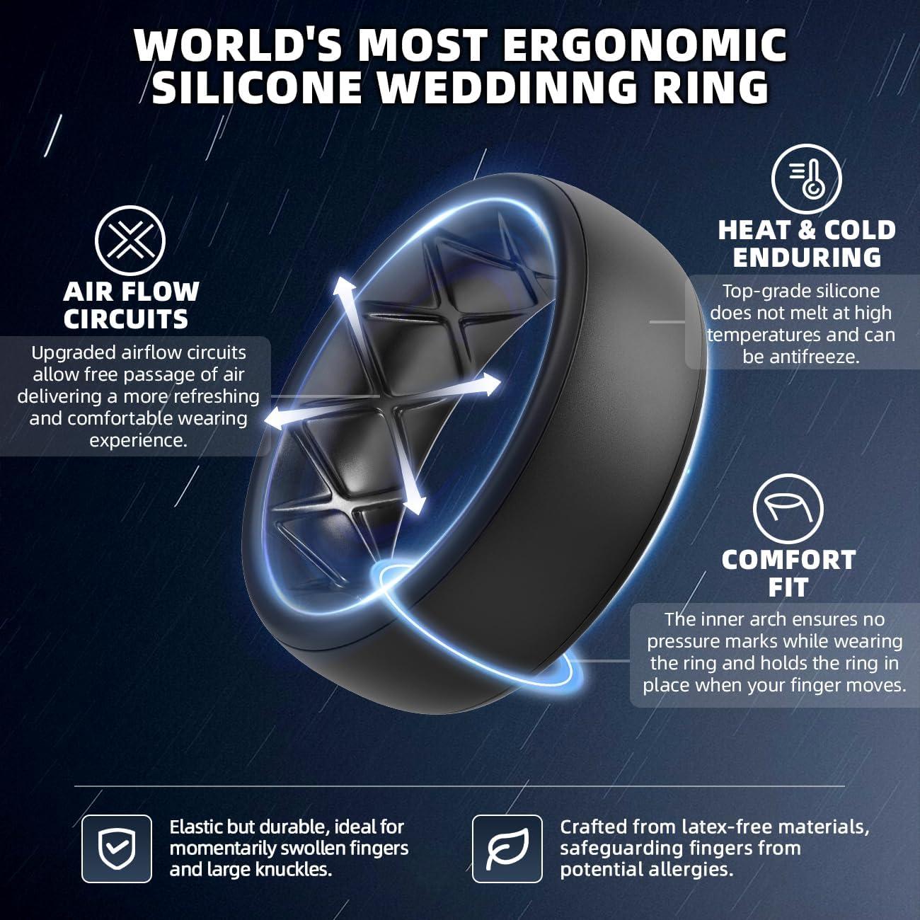 imageEgnaro Mens Silicone Wedding Rings 1467 Multipack Rubber Wedding Bands with Inner Arc Ergonomic Breathable Design for GymOutdoorGiftSETOBlack