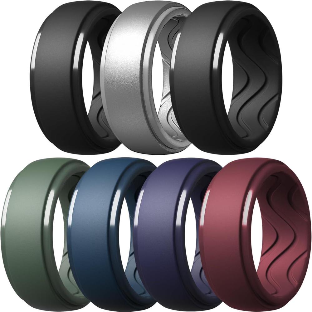 imageEgnaro Mens Silicone Rings 10mm Wide 25mm Thick Rubber Wedding Bands with Inner Arc Ergonomic Breathable Design 1457 Variety MultipackSETA1Silver Ink Green Twilight Blue Black Maroon Black Purple Black