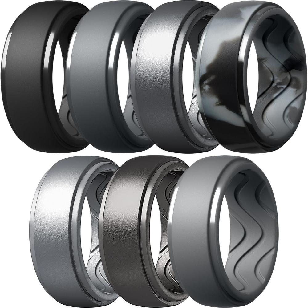 imageEgnaro Mens Silicone Rings 10mm Wide 25mm Thick Rubber Wedding Bands with Inner Arc Ergonomic Breathable Design 1457 Variety MultipackSETA3Black Black Gray Dark Silver Black Gray Camo Silver Metallic Platinum Light Gray