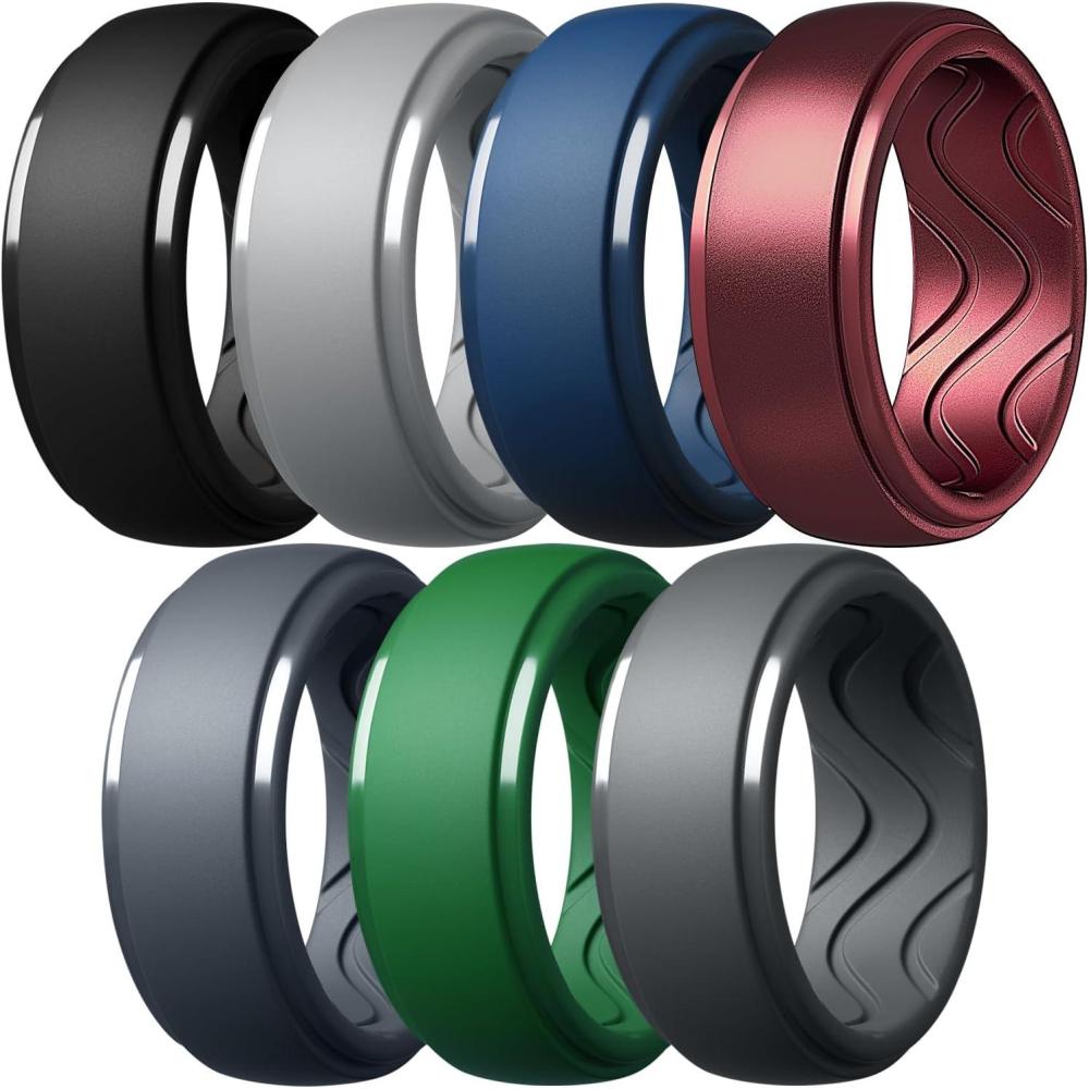 imageEgnaro Mens Silicone Rings 10mm Wide 25mm Thick Rubber Wedding Bands with Inner Arc Ergonomic Breathable Design 1457 Variety MultipackSETA6Light Gray Black Gray Metallic Burgundy Emerald Green Sea Blue Blue Gray Black