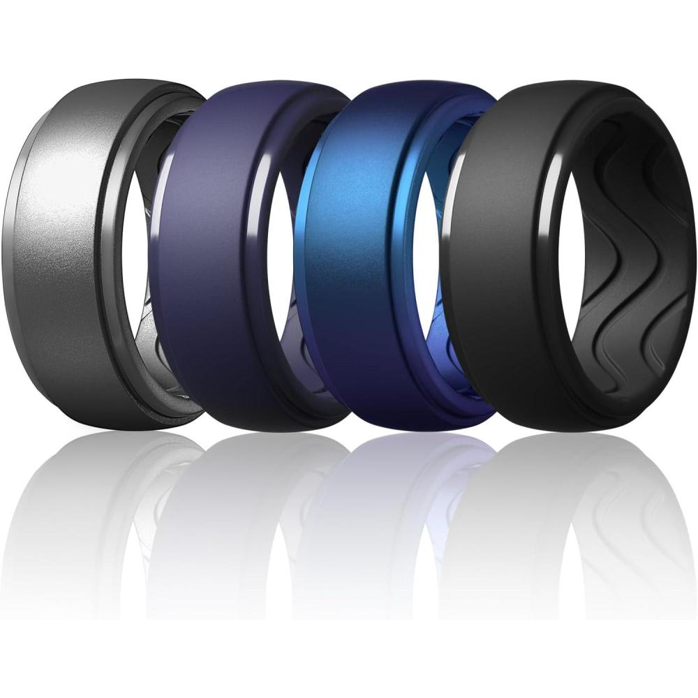 imageEgnaro Mens Silicone Rings 10mm Wide 25mm Thick Rubber Wedding Bands with Inner Arc Ergonomic Breathable Design 1457 Variety MultipackSETB2Black Iridescent Blue  Black Purple Dark Silver
