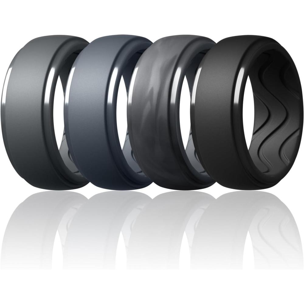 imageEgnaro Mens Silicone Rings 10mm Wide 25mm Thick Rubber Wedding Bands with Inner Arc Ergonomic Breathable Design 1457 Variety MultipackSETJBlack Gray Blue Gray Black GrayBlack Camo Black