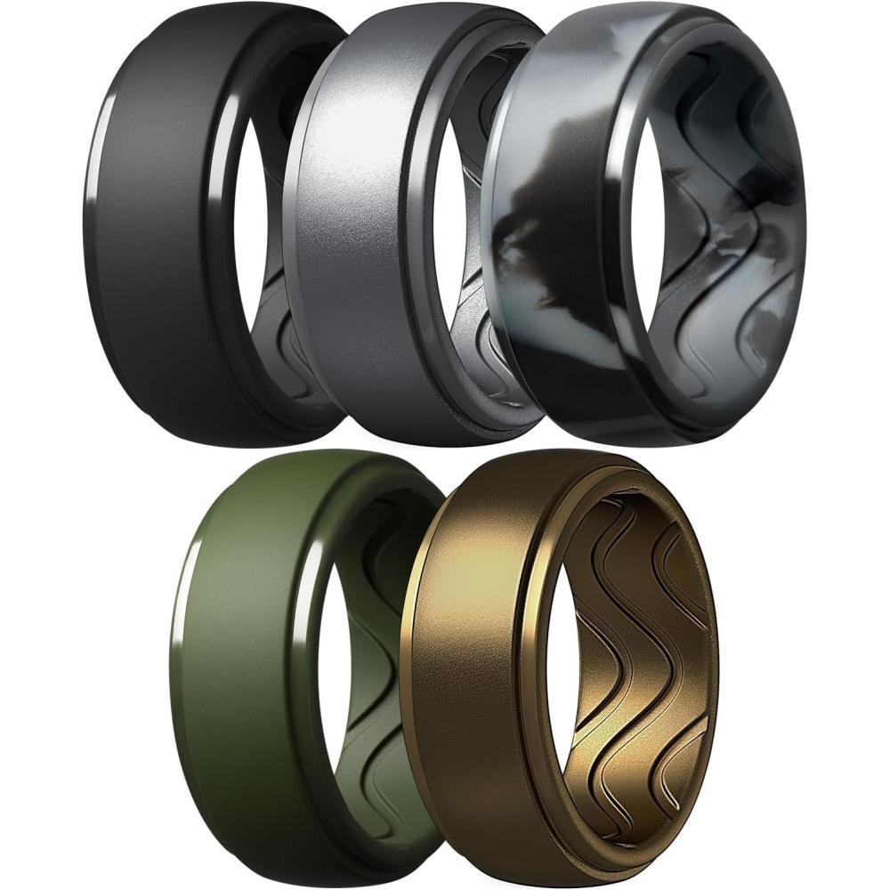 imageEgnaro Mens Silicone Rings 10mm Wide 25mm Thick Rubber Wedding Bands with Inner Arc Ergonomic Breathable Design 1457 Variety MultipackSETLBlack Dark Silver Black Gray Camo Olive Green Bronze