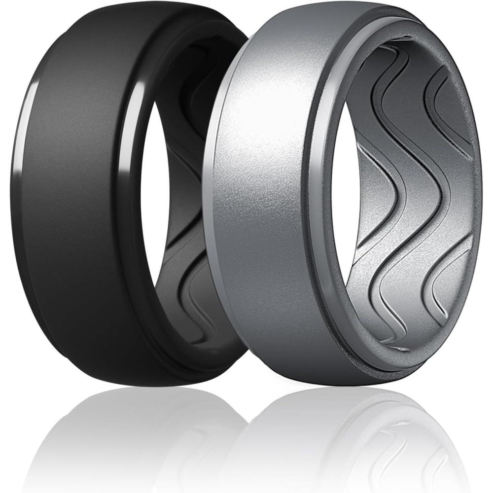 imageEgnaro Mens Silicone Rings 10mm Wide 25mm Thick Rubber Wedding Bands with Inner Arc Ergonomic Breathable Design 1457 Variety MultipackSETMBlack Silver