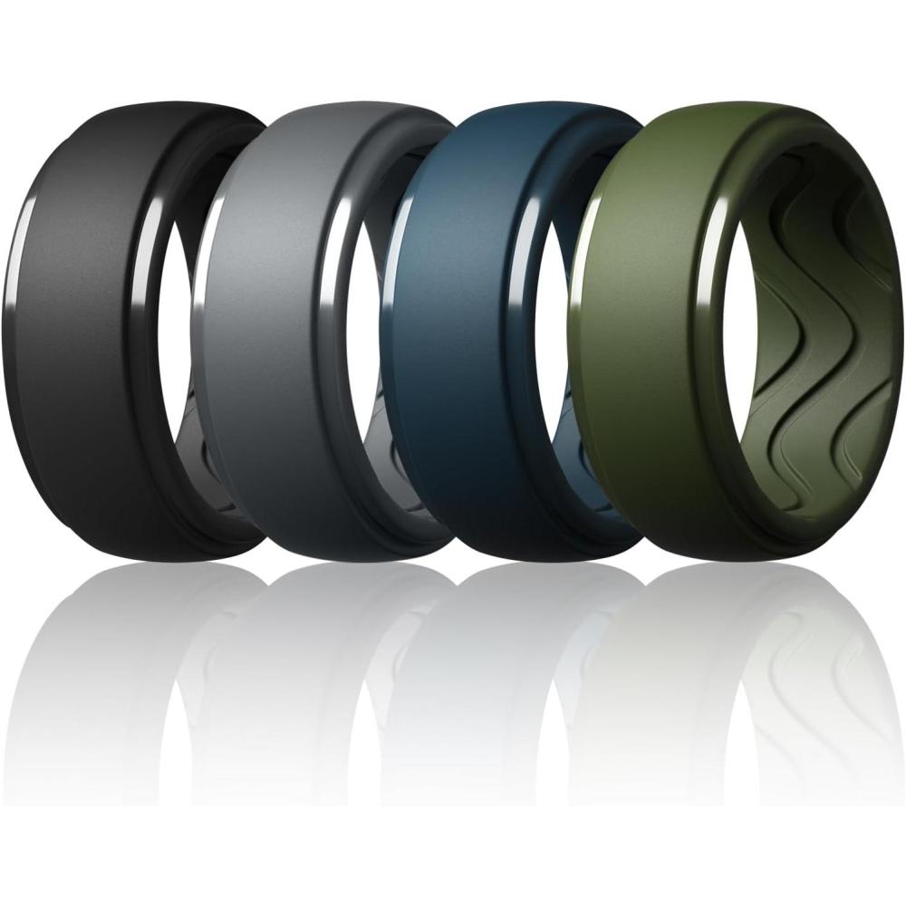 imageEgnaro Mens Silicone Rings 10mm Wide 25mm Thick Rubber Wedding Bands with Inner Arc Ergonomic Breathable Design 1457 Variety MultipackSETNBlack Black Gray Twilight Blue Olive Green