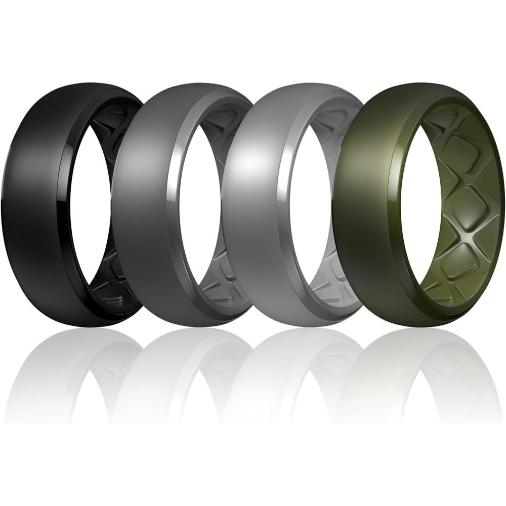 imageEgnaro Mens Silicone Wedding Rings 1467 Multipack Rubber Wedding Bands with Inner Arc Ergonomic Breathable Design for GymOutdoorGiftSETA1Black Black Gray Light Gray Olive Green