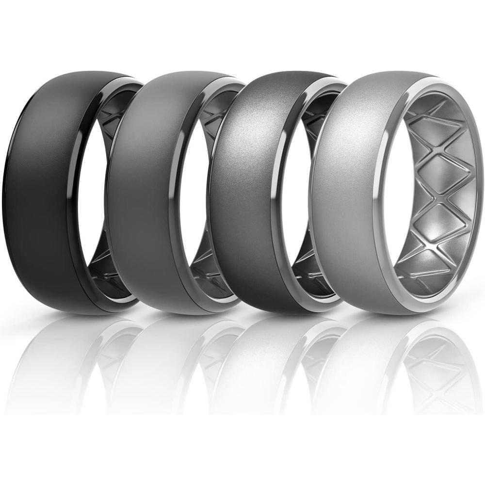 imageEgnaro Mens Silicone Wedding Rings 1467 Multipack Rubber Wedding Bands with Inner Arc Ergonomic Breathable Design for GymOutdoorGiftSETA2Black Black Gray Metal Black Gray Silver