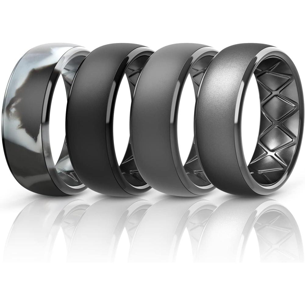 imageEgnaro Mens Silicone Wedding Rings 1467 Multipack Rubber Wedding Bands with Inner Arc Ergonomic Breathable Design for GymOutdoorGiftSETA5Black GrayBlack Camo Black Black Gray Metal Black Gray