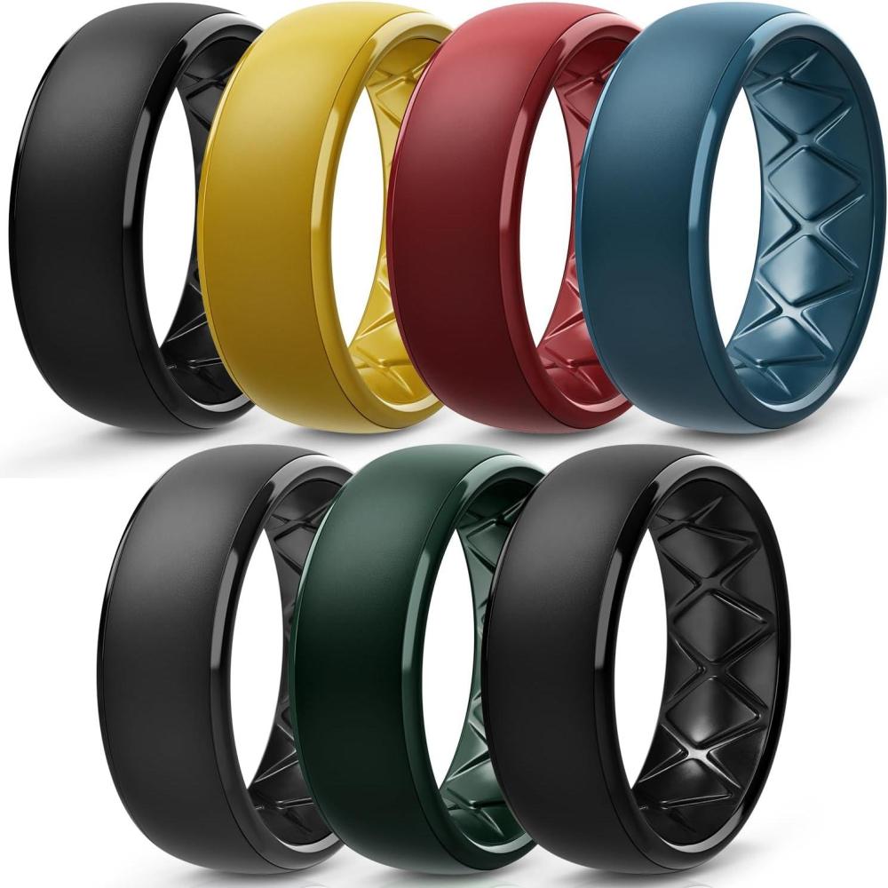 imageEgnaro Mens Silicone Wedding Rings 1467 Multipack Rubber Wedding Bands with Inner Arc Ergonomic Breathable Design for GymOutdoorGiftSETB3Black Muted Yellow Crimson Deep Blue Black Gray Pine Green Black
