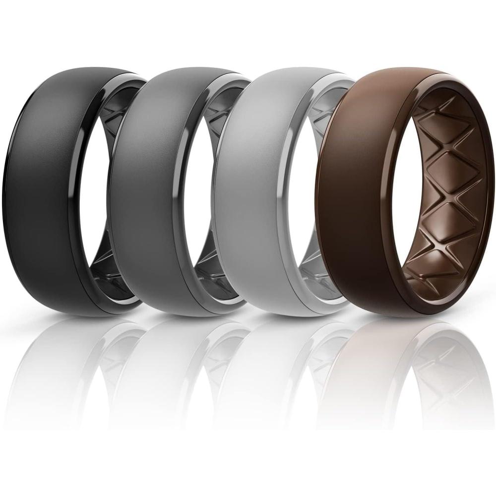 imageEgnaro Mens Silicone Wedding Rings 1467 Multipack Rubber Wedding Bands with Inner Arc Ergonomic Breathable Design for GymOutdoorGiftSETC1Black Black Gray Light Gray Dark Brown