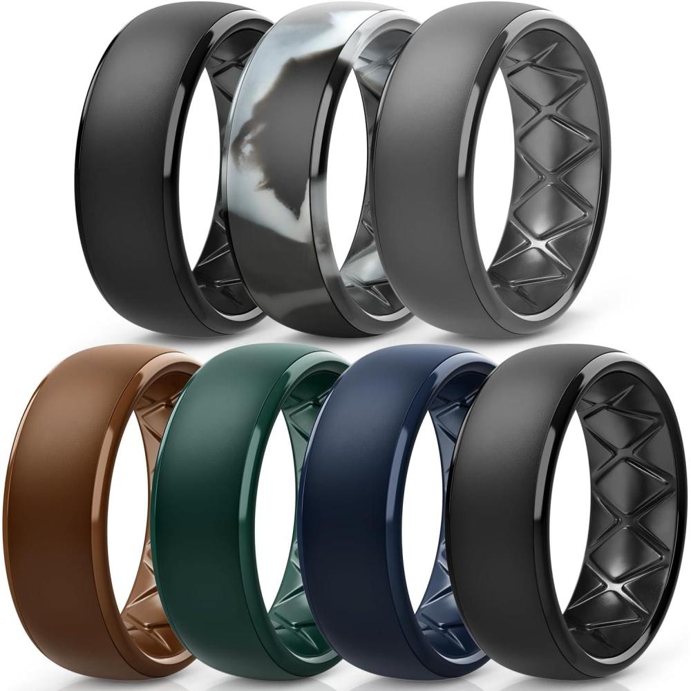 imageEgnaro Mens Silicone Wedding Rings 1467 Multipack Rubber Wedding Bands with Inner Arc Ergonomic Breathable Design for GymOutdoorGiftSETC3Black Black Gray Camo Black Gray Warm Brown Pine Green Midnight Blue Black