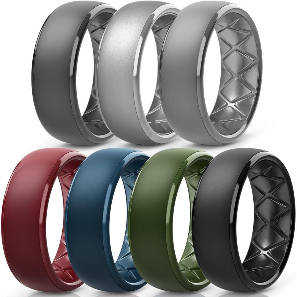 imageEgnaro Mens Silicone Wedding Rings 1467 Multipack Rubber Wedding Bands with Inner Arc Ergonomic Breathable Design for GymOutdoorGiftSETC4Black Gray Silver Dark Gray Dark Foliage Green Maroon Twilight Blue Black