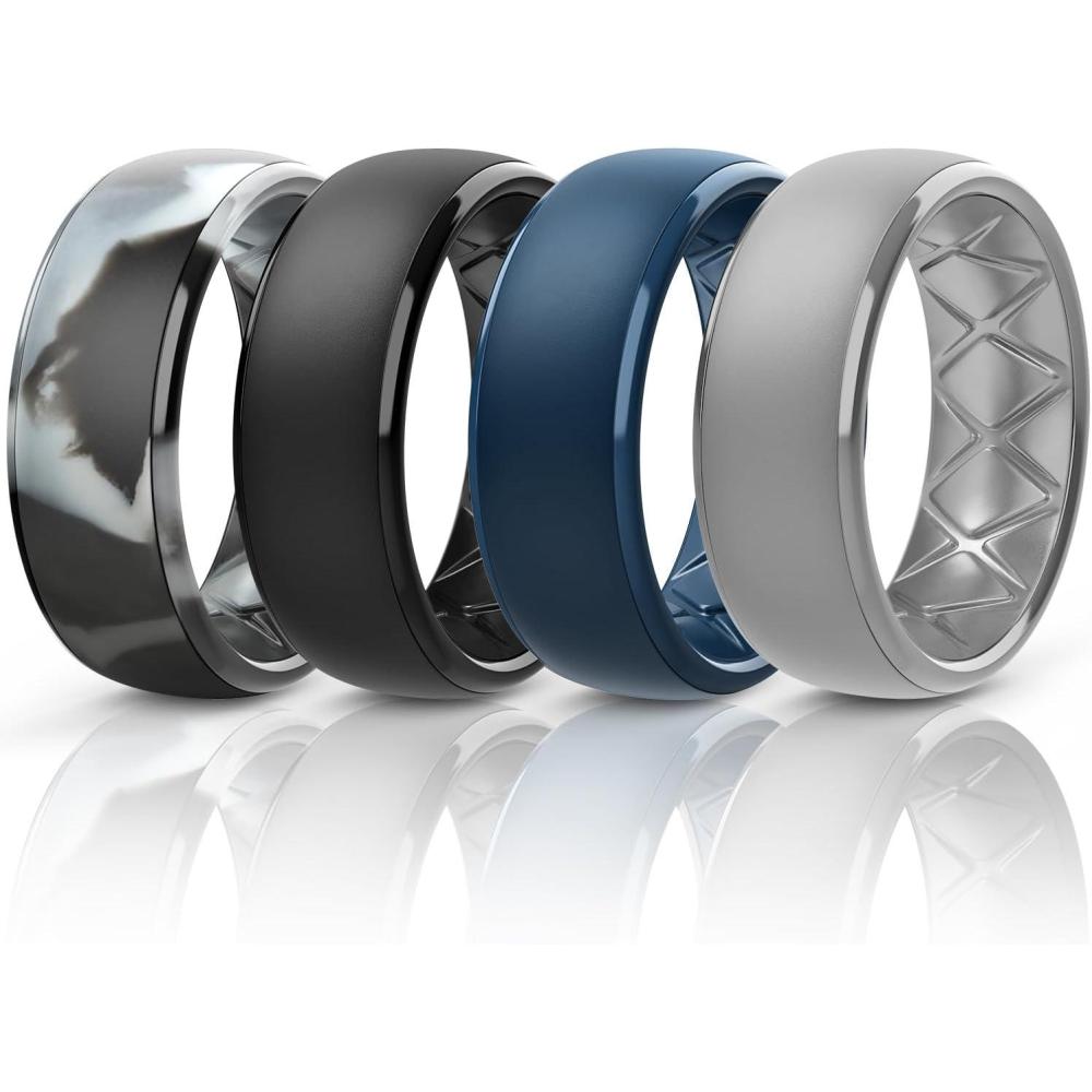 imageEgnaro Mens Silicone Wedding Rings 1467 Multipack Rubber Wedding Bands with Inner Arc Ergonomic Breathable Design for GymOutdoorGiftSETC5Black Light Gray Twilight Blue Black GrayBlack Camo