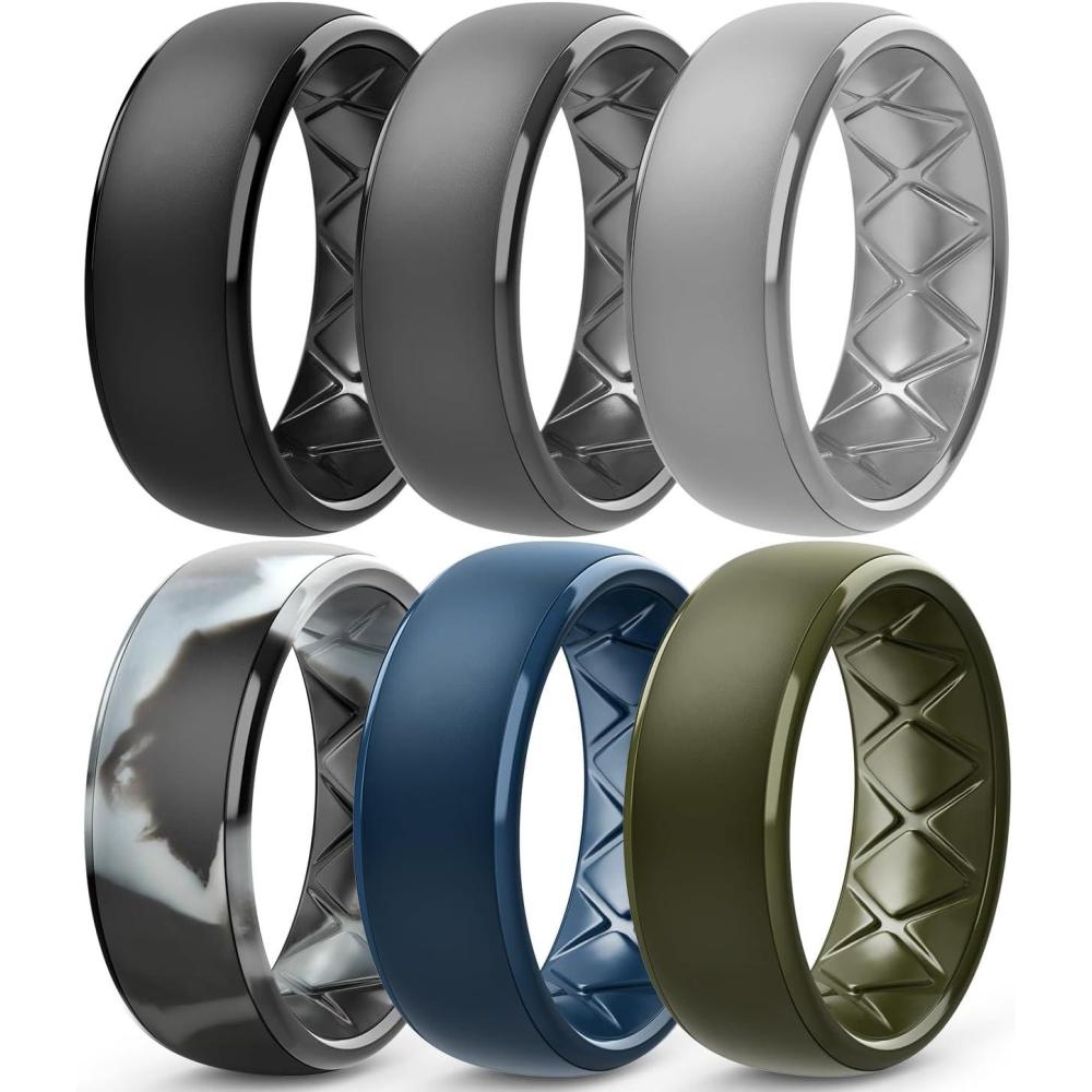 imageEgnaro Mens Silicone Wedding Rings 1467 Multipack Rubber Wedding Bands with Inner Arc Ergonomic Breathable Design for GymOutdoorGiftSETC8Black Black Gray Light Gray Olive Green Twilight Blue Black GrayBlack Camo