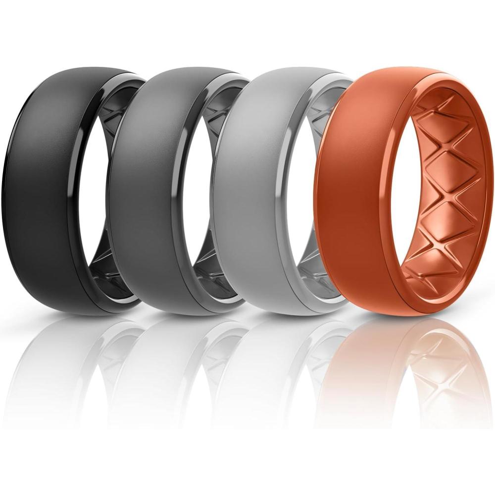 imageEgnaro Mens Silicone Wedding Rings 1467 Multipack Rubber Wedding Bands with Inner Arc Ergonomic Breathable Design for GymOutdoorGiftSETD5Black Black Gray Light Gray Dark Pumpkin