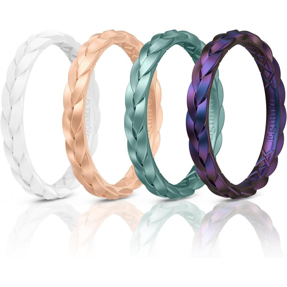 imageEgnaro Thin Silicone Anniversary Rings25mm Wide  2mm Thick Woven Design Statement Rubber Wedding bands Women25 Variety MultipackSETBWhite Peach Gold Metallic Green Galaxy