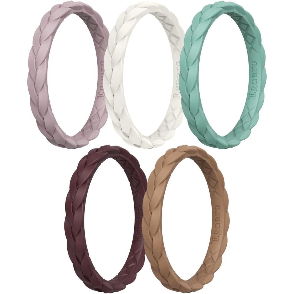 imageEgnaro Thin Silicone Anniversary Rings25mm Wide  2mm Thick Woven Design Statement Rubber Wedding bands Women25 Variety MultipackSETEBright Peach Meadow Green Caramel Ivory Light Brown