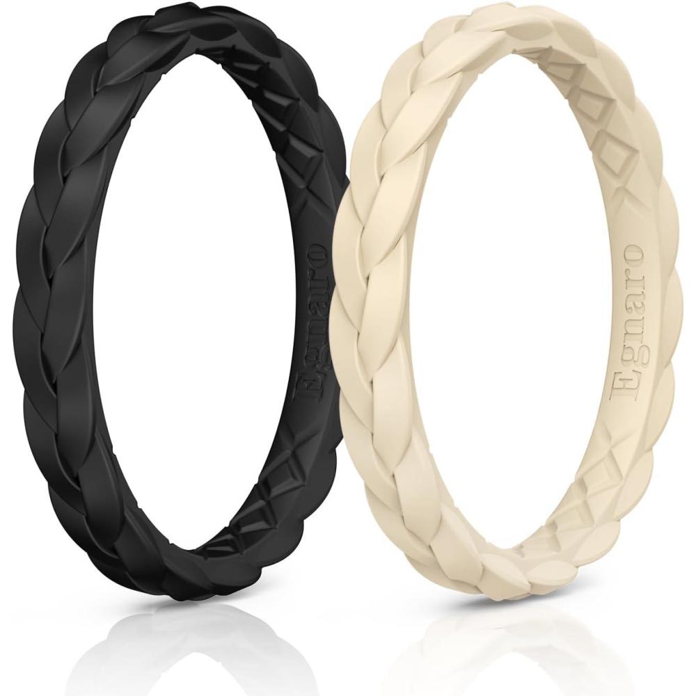 imageEgnaro Thin Silicone Anniversary Rings25mm Wide 2mm Thick Woven Design Statement Rubber Wedding bands Women25 Variety MultipackSETGLight Nude Black