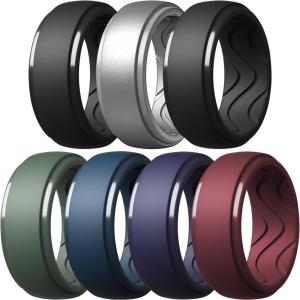 Egnaro Men’s Silicone Rings 10mm Wide 2.5mm Thick, Rubber Wedding Bands with Inner Arc Ergonomic Breathable Design, 1/4/5/7 Variety Multipack(SETA1-Silver Ink Green Twilight Blue Black Maroon Black Purple Black)