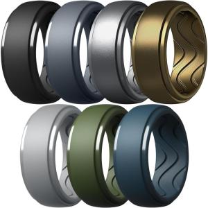 Egnaro Men’s Silicone Rings 10mm Wide 2.5mm Thick, Rubber Wedding Bands with Inner Arc Ergonomic Breathable Design, 1/4/5/7 Variety Multipack(SETB3-Light Gray Bronze Twilight Blue Olive Green Blue Gray Dark silver Black)