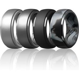 Egnaro Men’s Silicone Rings 10mm Wide 2.5mm Thick, Rubber Wedding Bands with Inner Arc Ergonomic Breathable Design, 1/4/5/7 Variety Multipack(SETC-Silver Dark Silver Black Gray Camo Black)