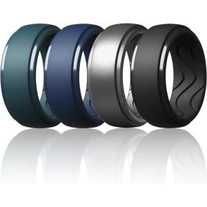 Egnaro Men’s Silicone Rings 10mm Wide 2.5mm Thick, Rubber Wedding Bands with Inner Arc Ergonomic Breathable Design, 1/4/5/7 Variety Multipack(SETD-Deep Blue Dark Blue Dark Silver Black)
