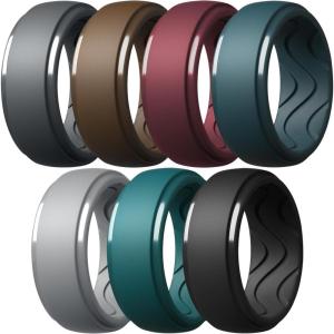 Egnaro Men’s Silicone Rings 10mm Wide 2.5mm Thick, Rubber Wedding Bands with Inner Arc Ergonomic Breathable Design, 1/4/5/7 Variety Multipack(SETH-Light Gray Maroon Emerald Green deep blue Dark Brown Black Gray Black)